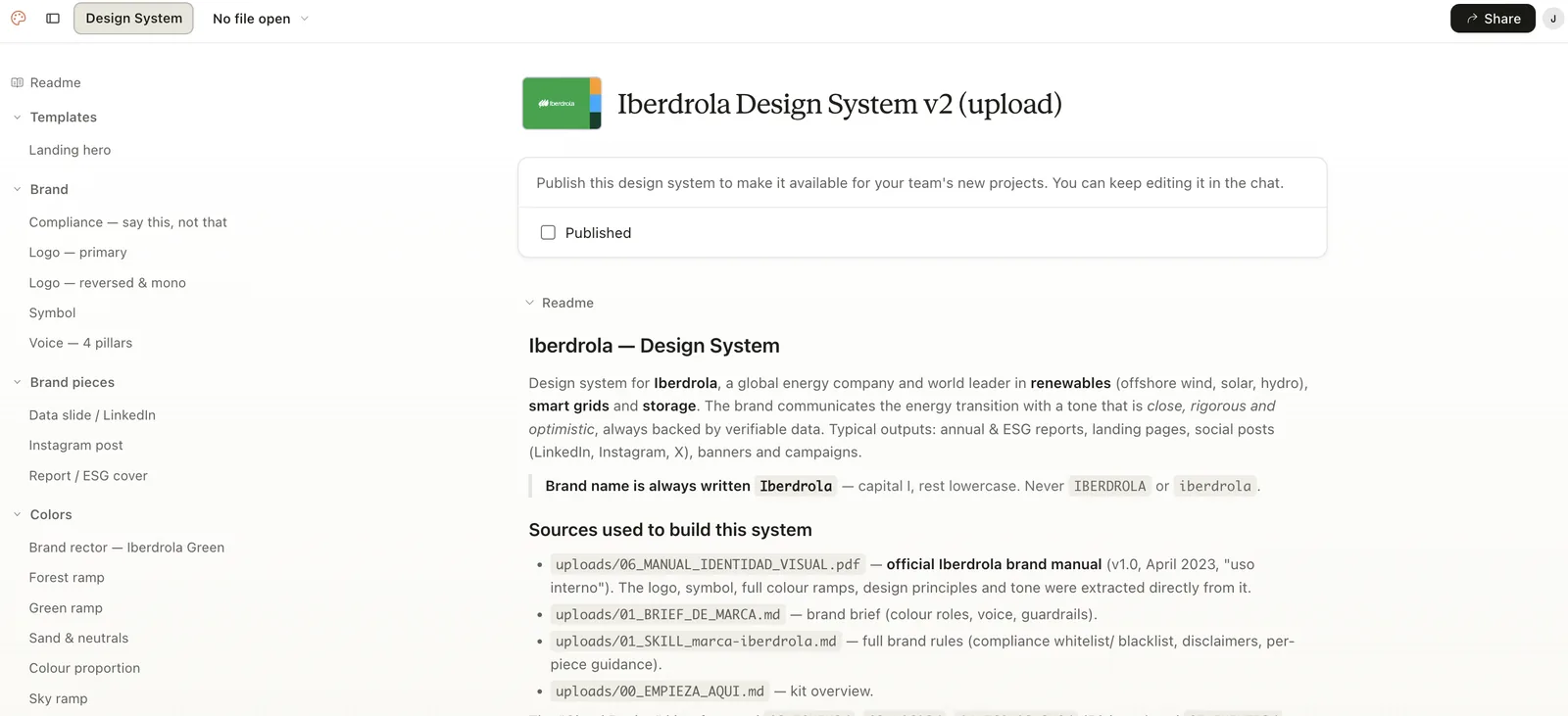 Design system del ejercicio educativo de Iberdrola generado en Claude Design